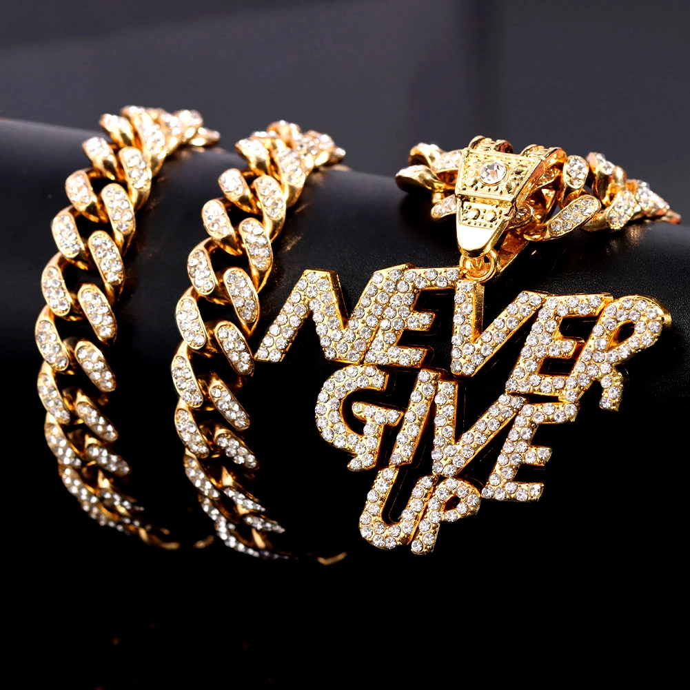 New Men Women NEVER GIVE UP Letter Pendant Necklace Iced Out Bling Crystal 13mm Cuban Link Chain Necklaces Hip Hop Jewelry Gift