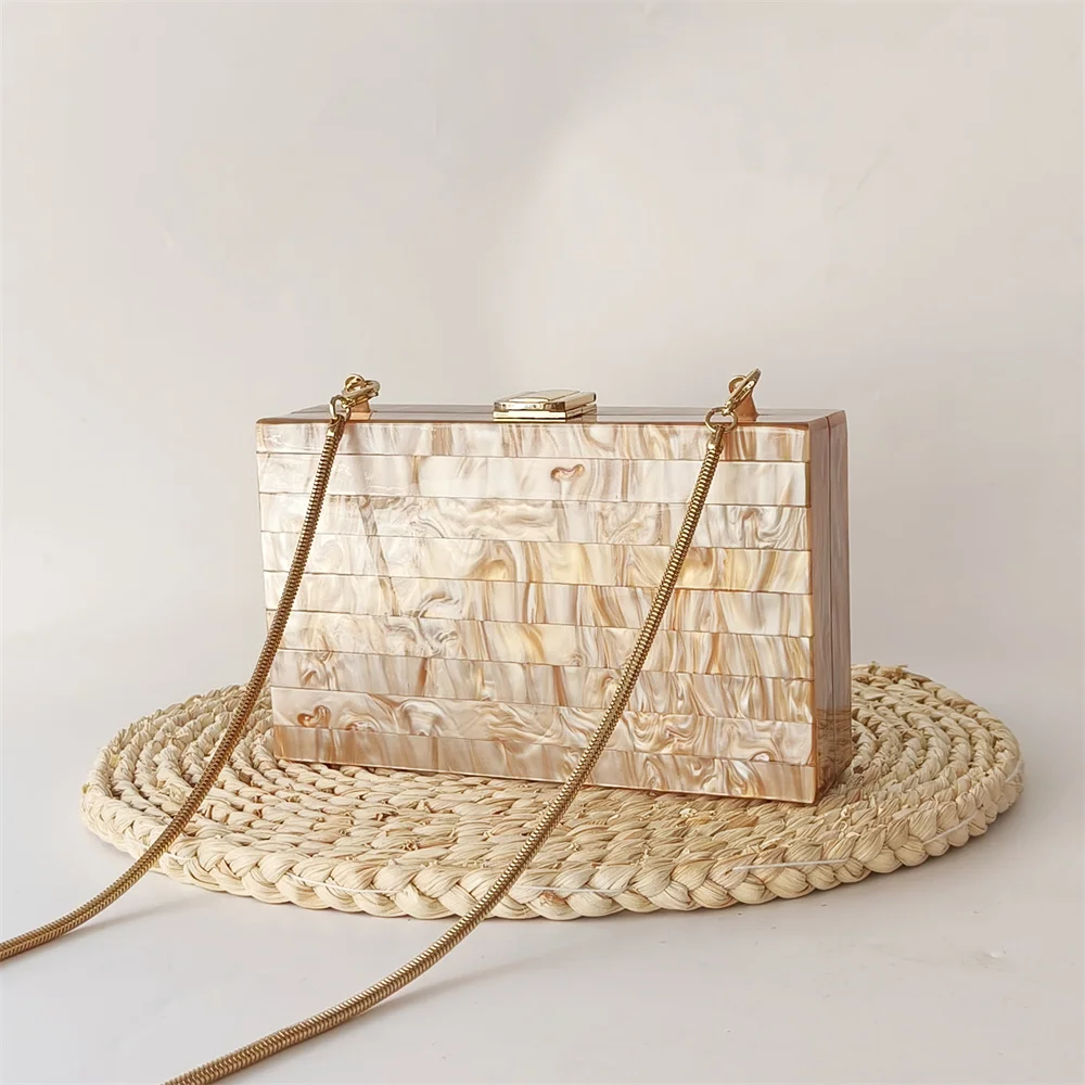 Pearl Light Brown Marble Striped Acrylic Box Clutch Evening Wedding Party Bride Purse Bags Handbag Gif Summer Mini Female Flap