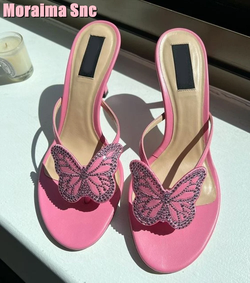 Crystal Butterfly Decor Clip Toe Slippers Kitten Heel Pink Solid Sexy Elegant Women Wedding Shoes Summer Slides Slip On Unique