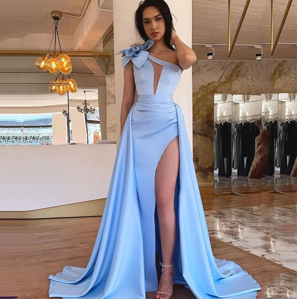 

Sexy Mermaid Evening Dresses Beads 3D Flower Vestidos De Ocasión Formales High Split Cut-Out One Shoulder Prom Gowns For Women