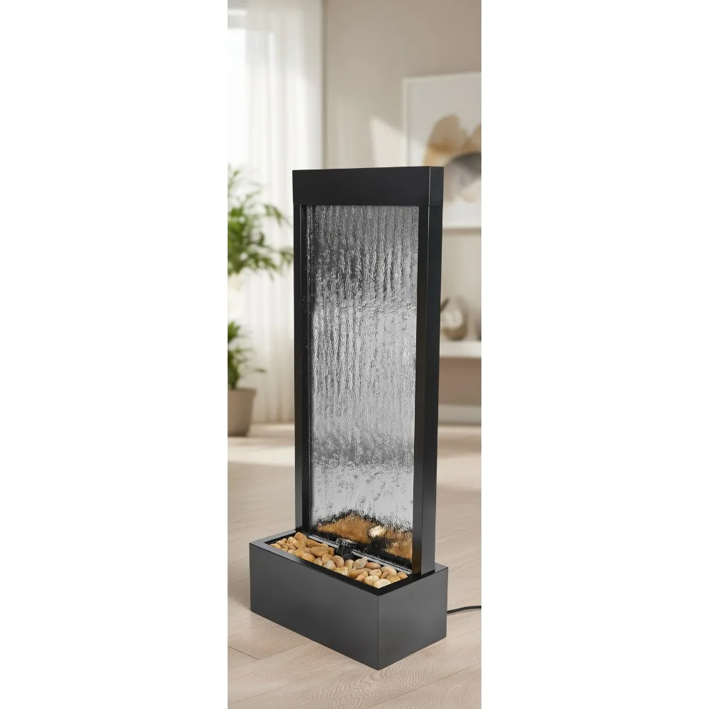 Fuente de cascada con espejo con piedras y luces LED - Decoración Zen interior/exterior de 48" para sala de estar, oficina, patio