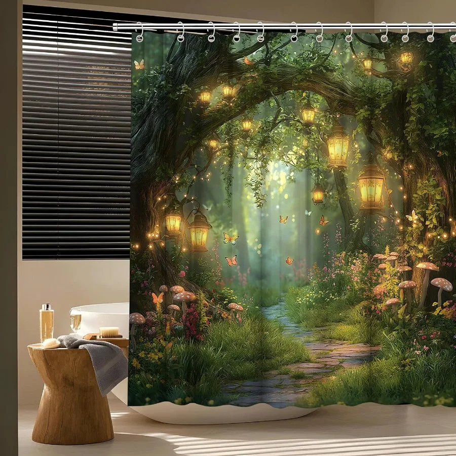 

Фэнтези лесная дорожка занавеска для душа фея волшебная зачарованная туманная джунгли Mhroom цветочное дерево бабочка фонарь страна чудес растение B