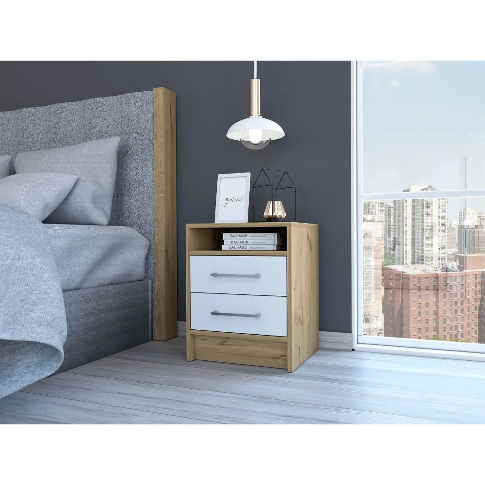 

Bedroom Nightstand , End Table, Side Table Superior Top, Two Drawers -White / Light Oak Bedroom Furniture Nightstands