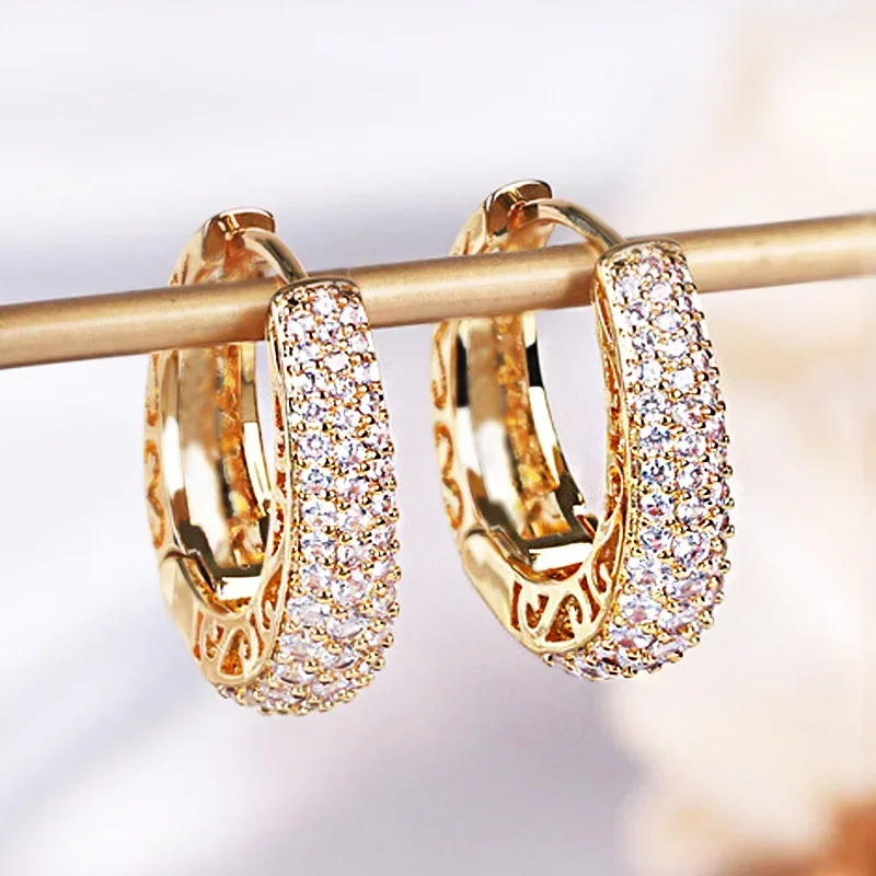 Luxury Paved CZ Hoop Earrings for Women Gold Color Hollow Out Design Temperament Female Ear Accessories Fashion Jewelry