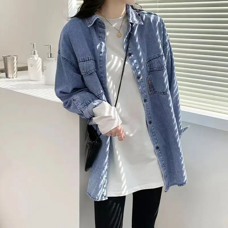spring autumn Turn-down Collar fashion Long Sleeve shirt women Solid color High street Button Cardigan elegant mid-length tops