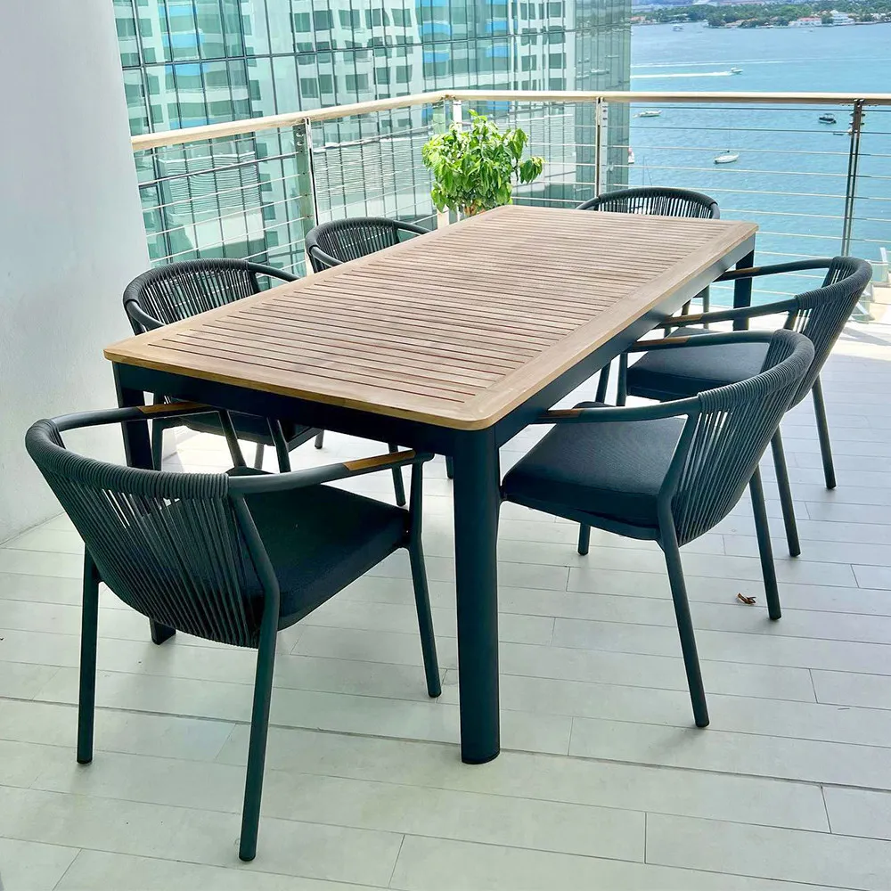 Outdoor courtyard table and chair villa open-air balcony aluminum alloy teak dining table and chair combination outdoor rope fur