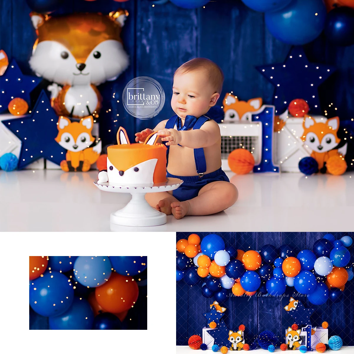 

Cartoon Fox Backgrounds Cake Smash Kids Adult Photography Props Child Baby Decors Blue Balloon Wall Stars Photo Backdrops