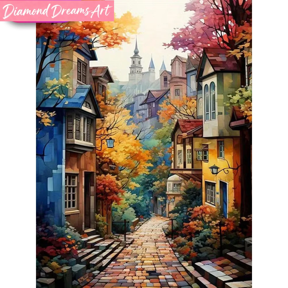 Rahmenloses, Neues Street-Diamond-Mosaik-Landschafts-DIY-Set mit Vollquadrat- und Runddiamanten, Haus-Bastelset, Stickerei für Kinder G