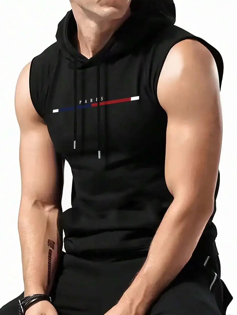 

Men's Sleeveless Hooded Tank Top with Minimalist Stripe Print, Summer Casual Wear