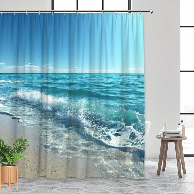 

[Пляжная занавеска для душа] 1 шт. Занавеска для душа Tranquil Beach Scene - прочная полиэфирная ткань, с 12 крючками, машина W