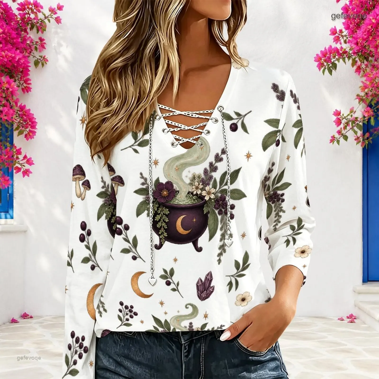 Women White Printed Top, Cute Ghost Lantern Floral Moon Leaf Pattern V Neck Lace Up Long Sleeve