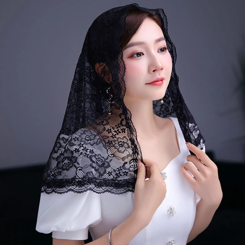 Lace Mantilla Veil Soft and Comfortable 2 Colors Black and White Spanish Style Rose Lace Veil Head Covering D Shape