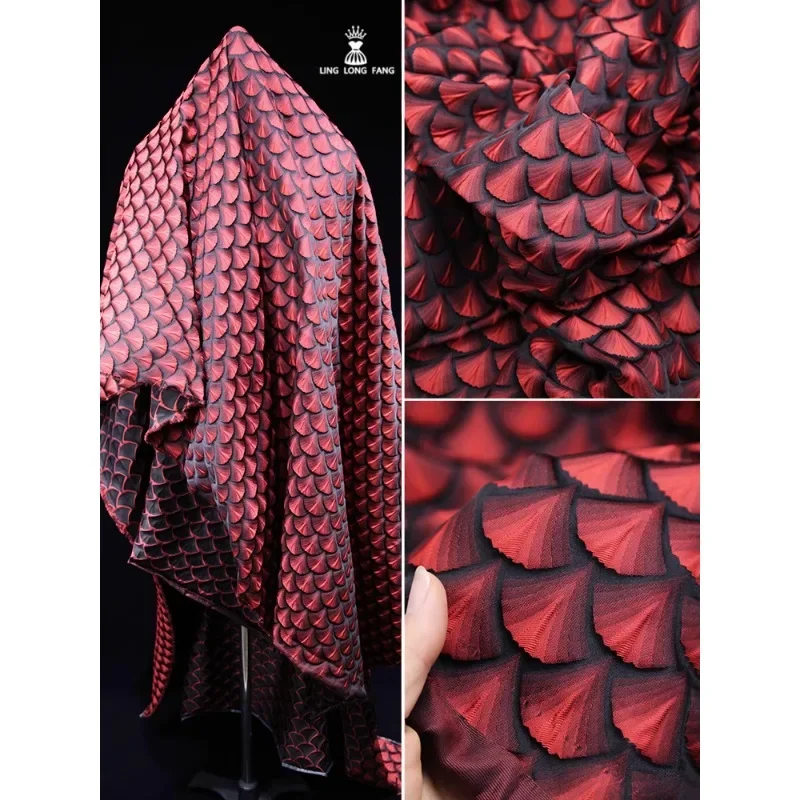 3D Relief Red Scale Woven Brocade Fabric with Fan-shaped Texture Jacquard Wide Shaped Clothing Dress Designer Fabric