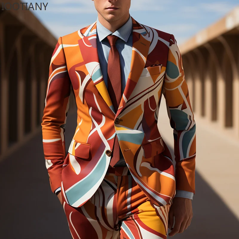 IOOTIANY Men Traditional Retro Clothing 3d Digital Printing Party Long Sleeve Suit Stage Nightclub Cool Performance Blaze Suits