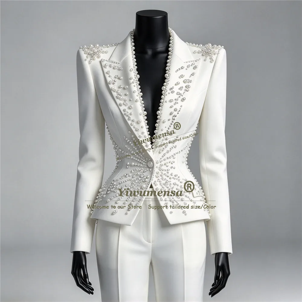 Pink Women Suit Set 2 Piece Pearls Blazer Trousers Customized Lady Business Party Tuxedo Formal Office Groom's Mother Outfits