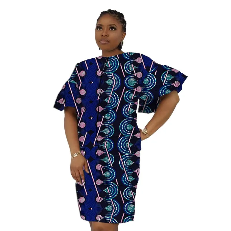 Traditional Handmade Custom O-Neck Dress African Fashion Colorful Print Flare Sleeves Origin Design Women's Ankara Outfit