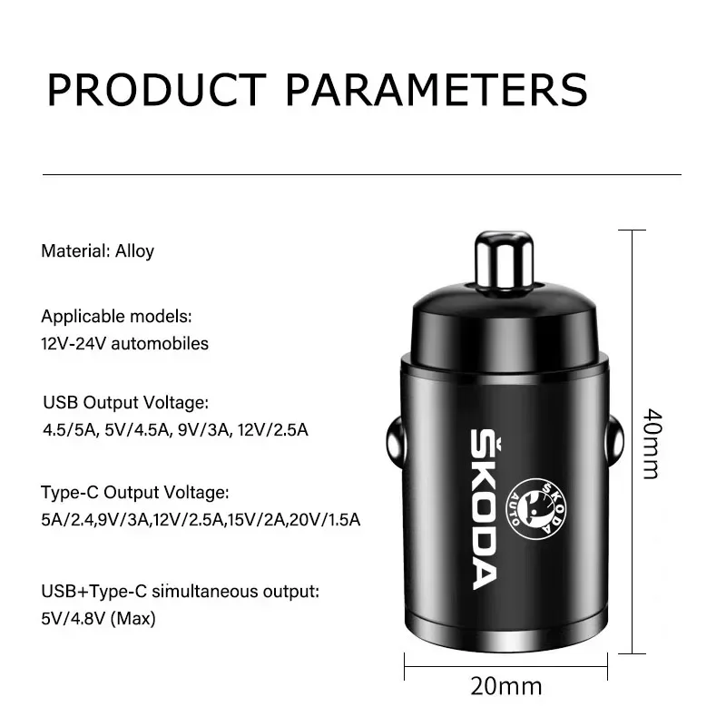 30W Fast Charger USB Type-C Interface Car Accessories For Skoda Octavia Superb Rapid Kodiaq Karoq Fabia Kamiq Enyaq Citigo Scala