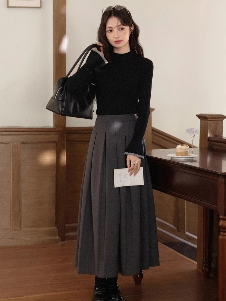 

ALXNAN Black Pullovers Color-block Patchwork Long Sleeve Knitwear Woman Base Casual Sweater 2025 Fall Elegant Female Tops L58326