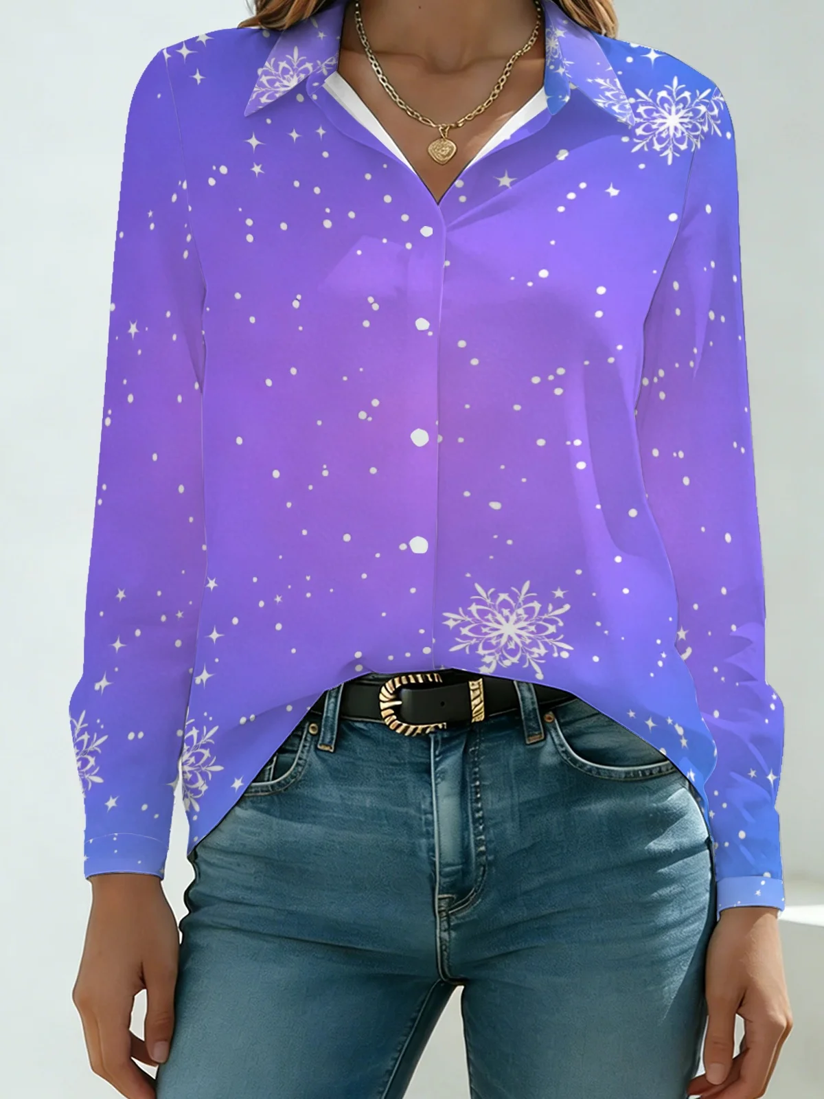 Minimal Frost Snow Star Womens Collared Shirt Gradient Purple Blue Base White Snowflake Allover Print Long Sleeve Gentle Winter