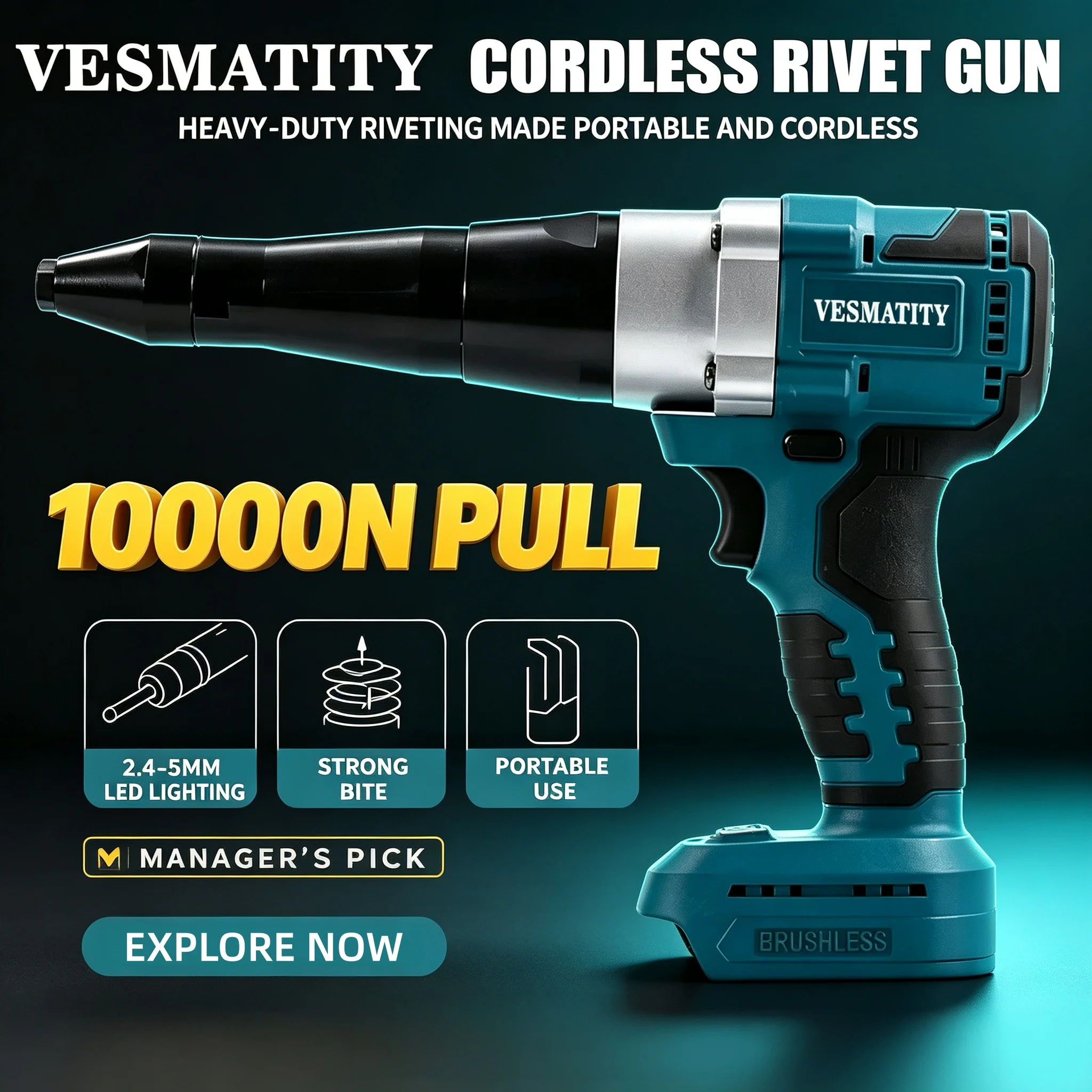 VESMATITY Rivet Gun Cordless Rivet Nut Gun Automatic Rivet Lithium Battery With LED Light For 18V Battery