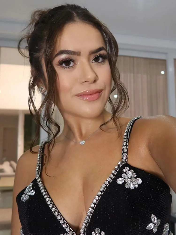 Mulheres preto recorte brilhante deslizamento vestido sexy com decote em v sem mangas sem costas magro ajuste vestidos senhora 2025 novos vestidos de verão de rua alta