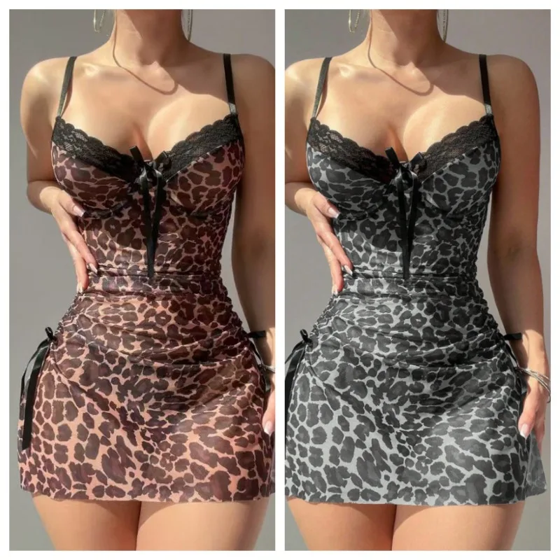 

Сексуальная ночная рубашка, легкая сексуальная нижнее белье с рыбьей косточкой, женское сетчатое шелковое кружево с леопардовым принтом, прозрачная ночная рубашка с рюшами, сексуальное женское белье