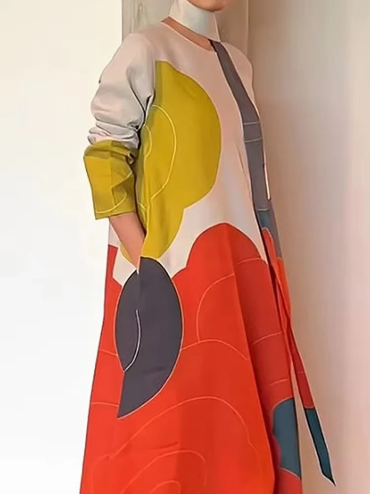 2023 herbst Stilvolles Kleid für Frauen Rundhals Lange Ärmel Lose Maxi Kleid mit Schal Weibliche Casual Gedruckt Party Kleider