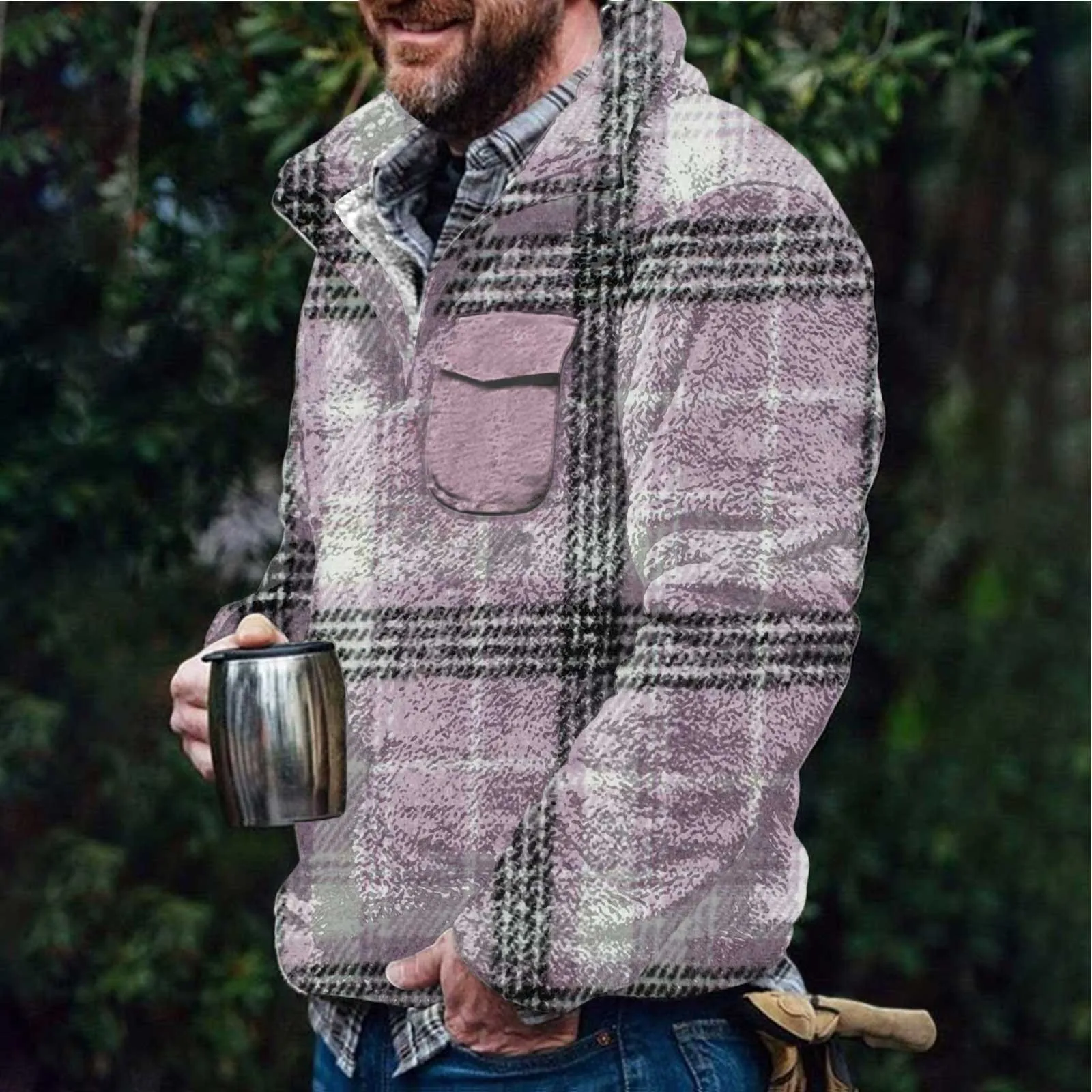 Men Sweatshirt Winter Thicken Turn-Down Collar Plush Sherpa Fleece Pullover Popular Plaid Streetwear Teddy Sweaters Ropa Hombre