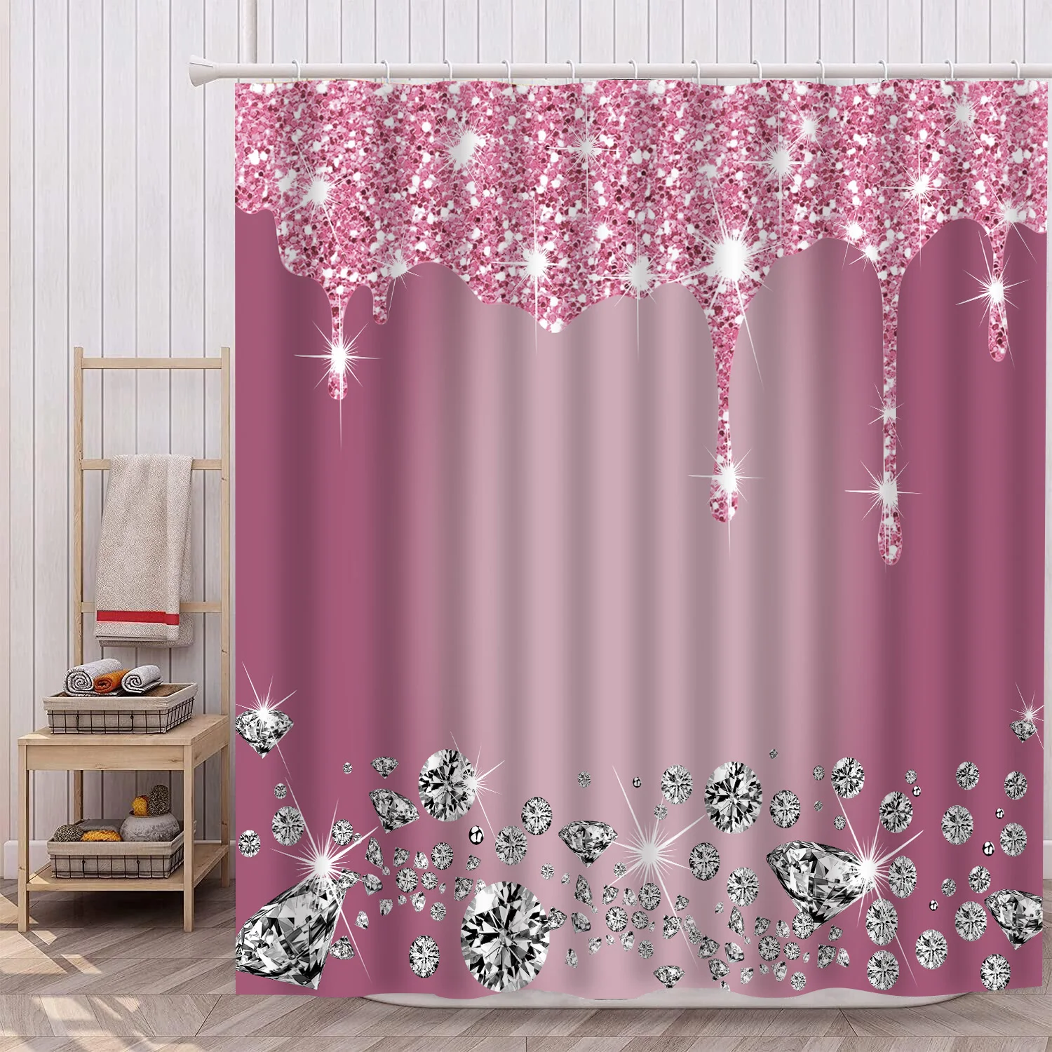 1Pc sparkling diamond waterproof shower curtain, elegant luxurious bathroom decor, with 12 plastic hooks