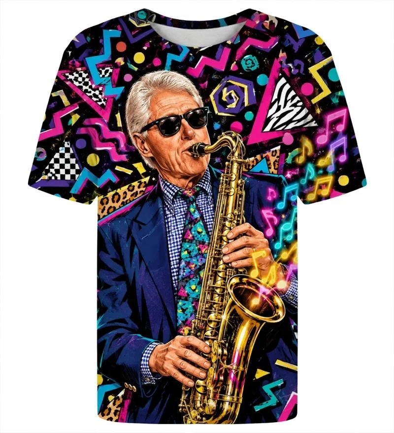 Men's 90s Retro Saxophone Style T-shirt, Retro Memphis Geometric Neon Music Print, Casual Street Hip-hop Graphic T-shirt