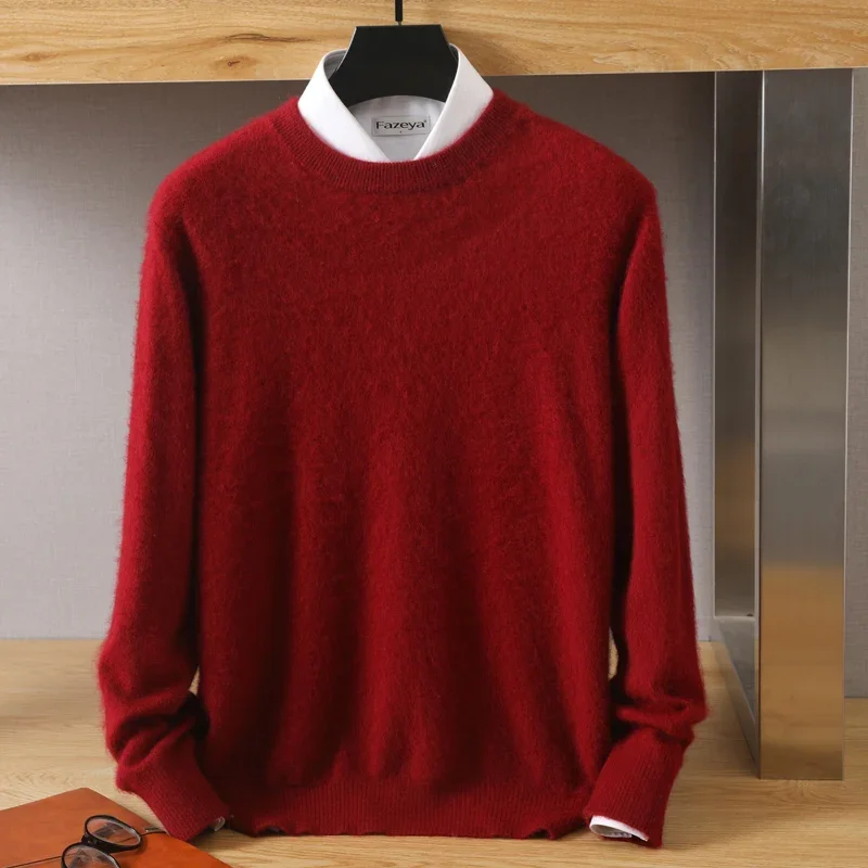 2024 Men's 100% Pure Mink Cashmere Sweater Round Neck Pullover Casual Knitting Warm Long Sleeve High-End Flat Business Top Men