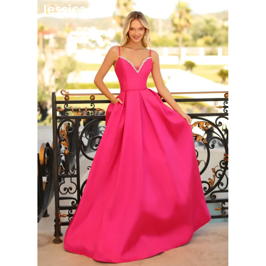 

Jessica Hot Pink Wedding Dress Luxury Glitter Beads Prom Dresses Satin Spalet Straps Evening Dresses Elegant Vestidos De Fiesta