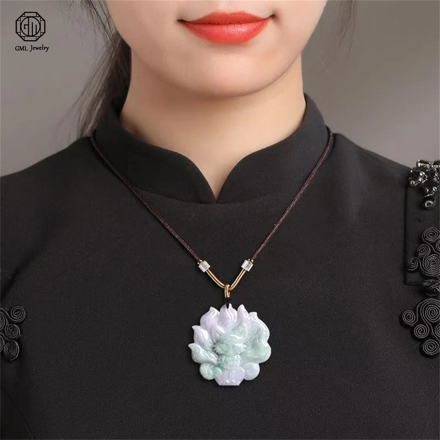 Natural Grade A Jadeite Spring Color Nine Tailed Fox Pendant Rice Grade Unisex Men Women Gemstone Necklace Jewelry Gift