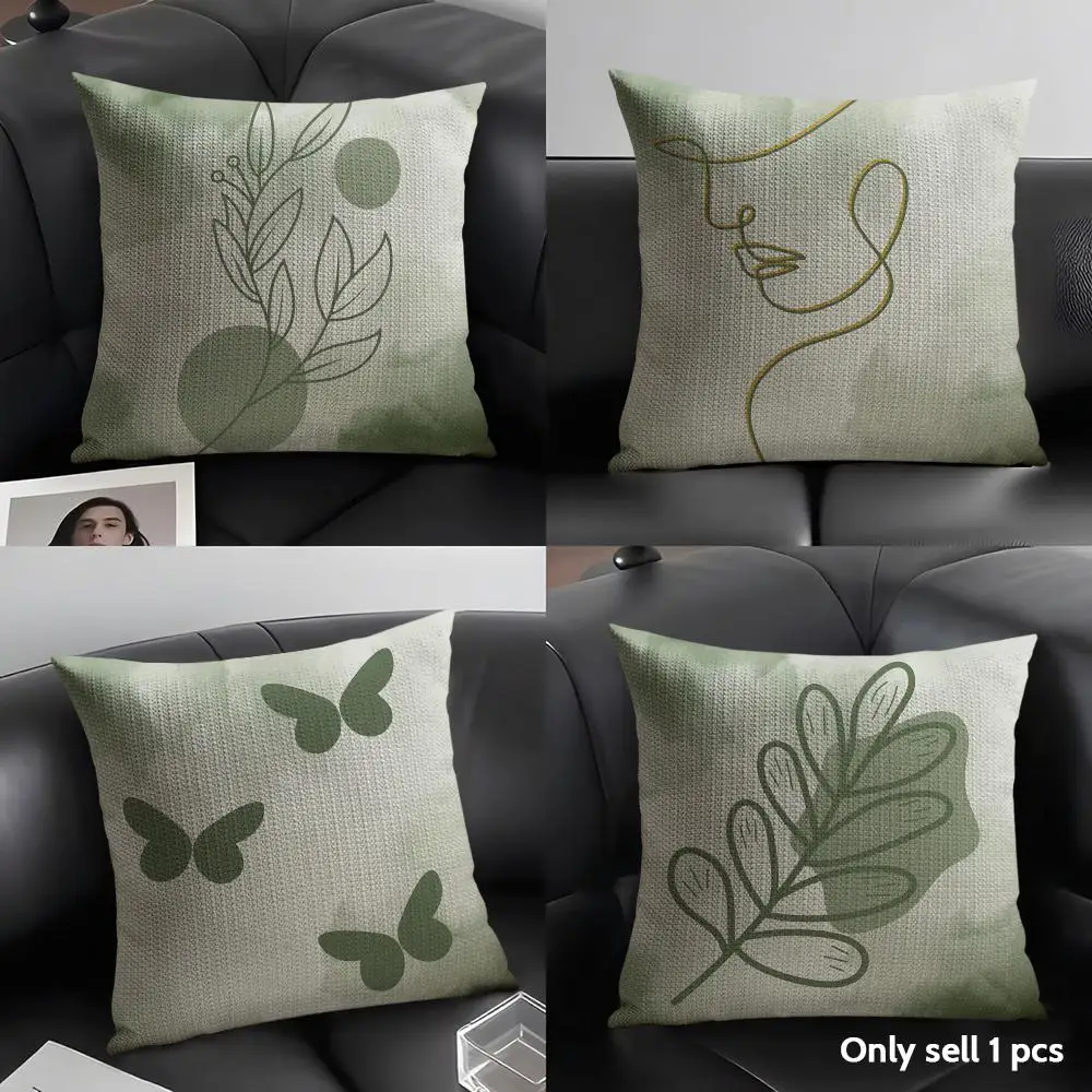 Minimalistic Green Cushion Cover Natural Linen Organic Fabric Double-Sided Printing Breathable Perfect Gift for Decor