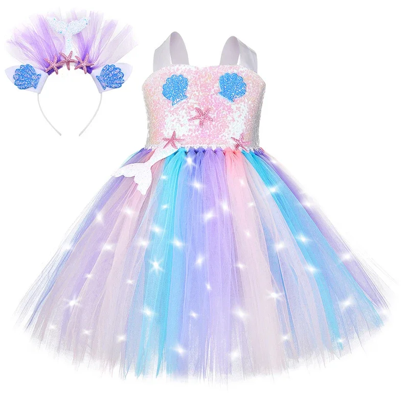 Led Light Mermaid Costumes for Girls Sequins Sea-maid Princess Dresses for Kids Birthday Party Outfit Children Christmas Clo@0Z*