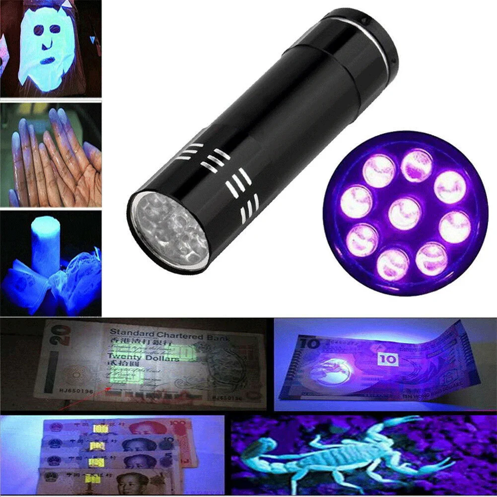 Mini lampe de poche à ultraviolets LED, torche structurels ente multifonctionnelle, lampe de secours étanche, lampe extérieure légère, 9 UV