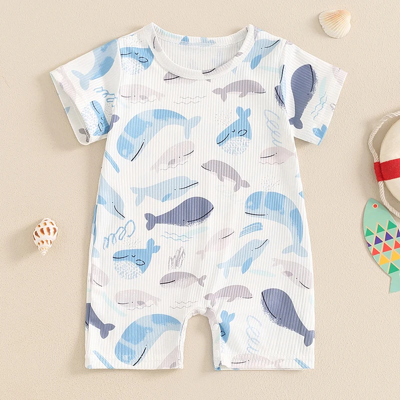 Newborn Baby Girl Boy Summer Clothes Short Sleeve Whale Print Jumpsuit Waffle Bubble Romper Cute Unisex Outfit