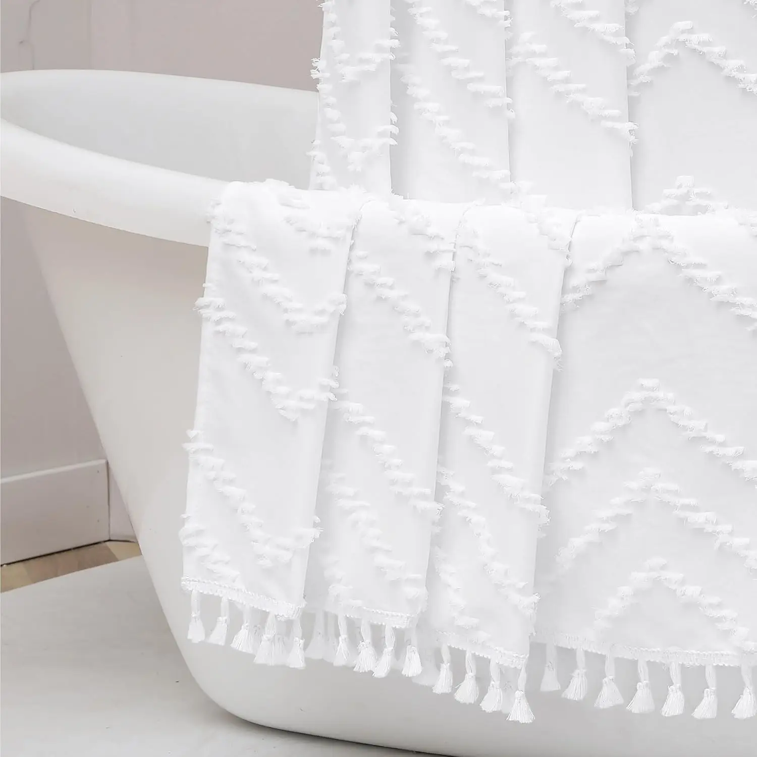 

Boho Tufted Chevron Shower Curtain with Tassels, 72x72, White Fabric, Machine Washable