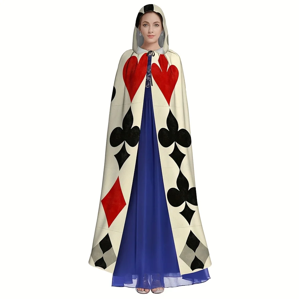 1pc Playing Card Pattern Cape Cloak with Hood Polyester Halloween Costume Fancy Dress Party Role Play Outfit Machine Washable