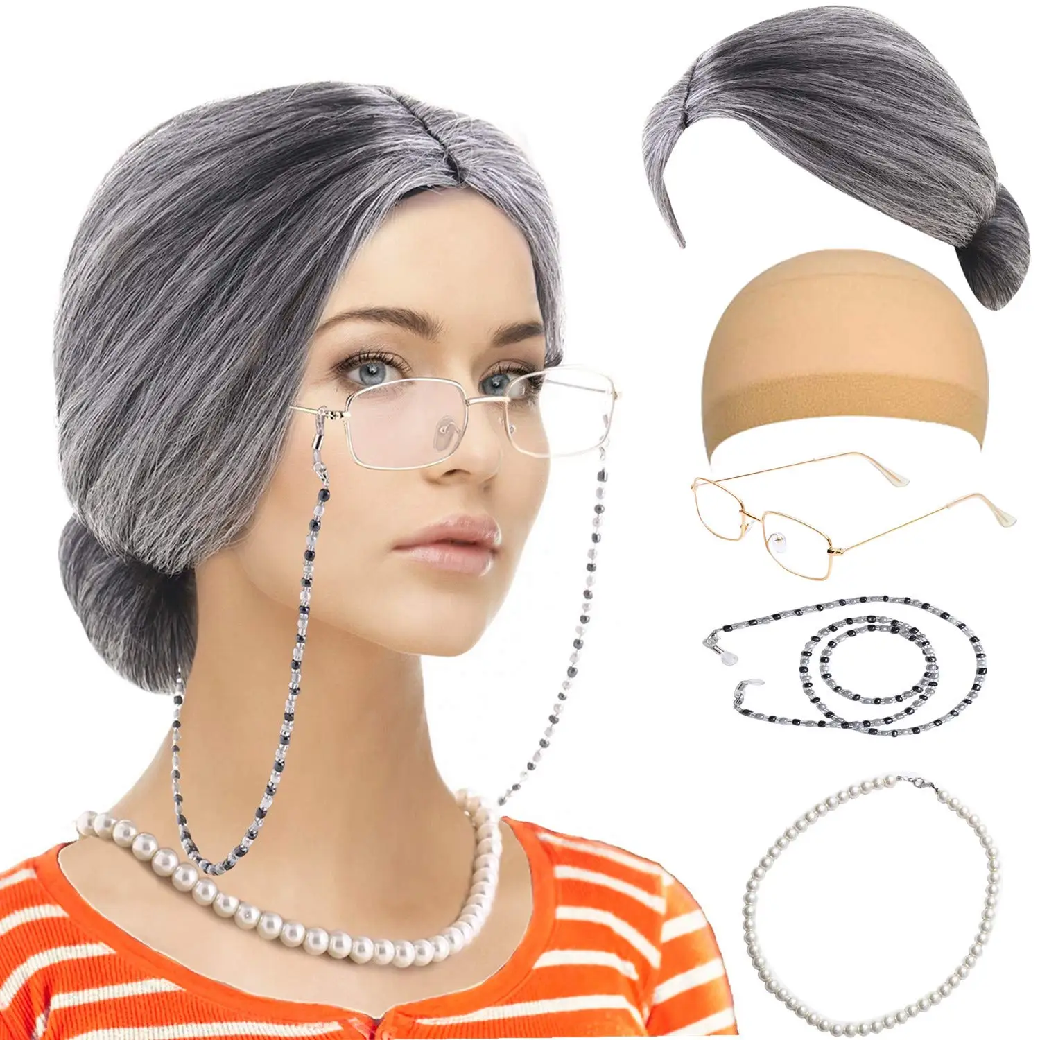Conjunto de disfraz de abuela, peluca de abuela Madea para cosplay de Halloween, disfraz para el 100.º día de la escuela, 5 piezas: peluca de abuela, gorro para peluca, gafas de abuela Madea, cadena para sujetar las gafas, collar de perlas.