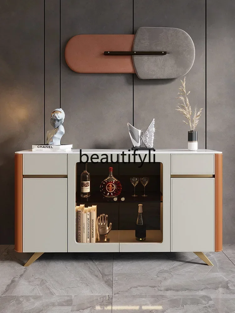 

Italian light luxury saddle leather dining side cabinet against the wall storage rock slab tea cabinet