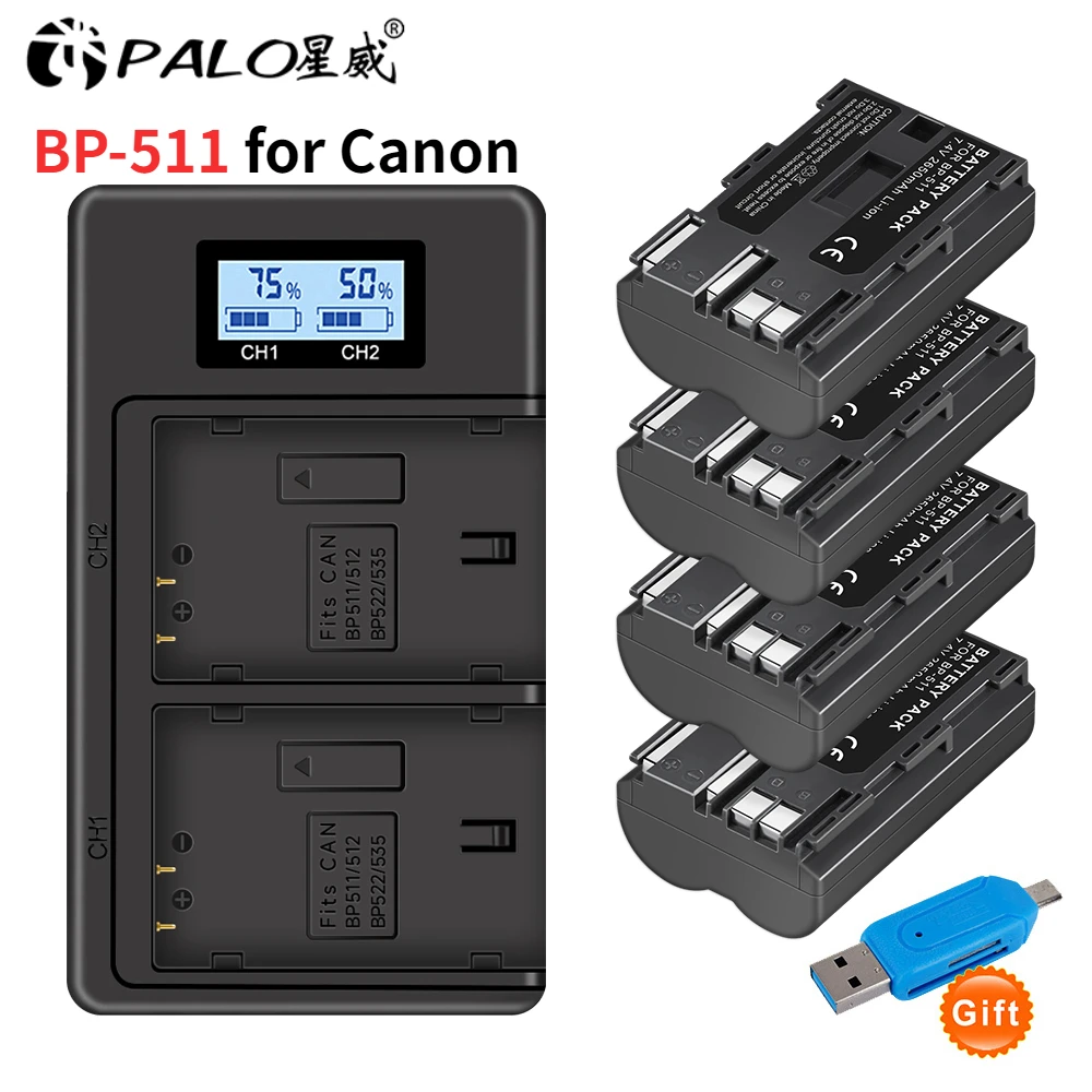 Palo 2650mAh BP-511 BP511 BP-511A Battery for Canon EOS 40D 300D 5D 20D 30D 50D + USB LCD Dual Charger BP 511 511A BP511A