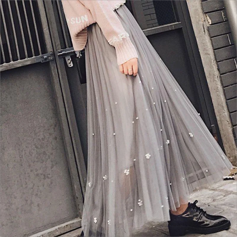 

Fashion Beading Tulle Pleated Black Long Skirts for Women High Waist Patchwork Apricot A-line Fairy Skirt Korean Style