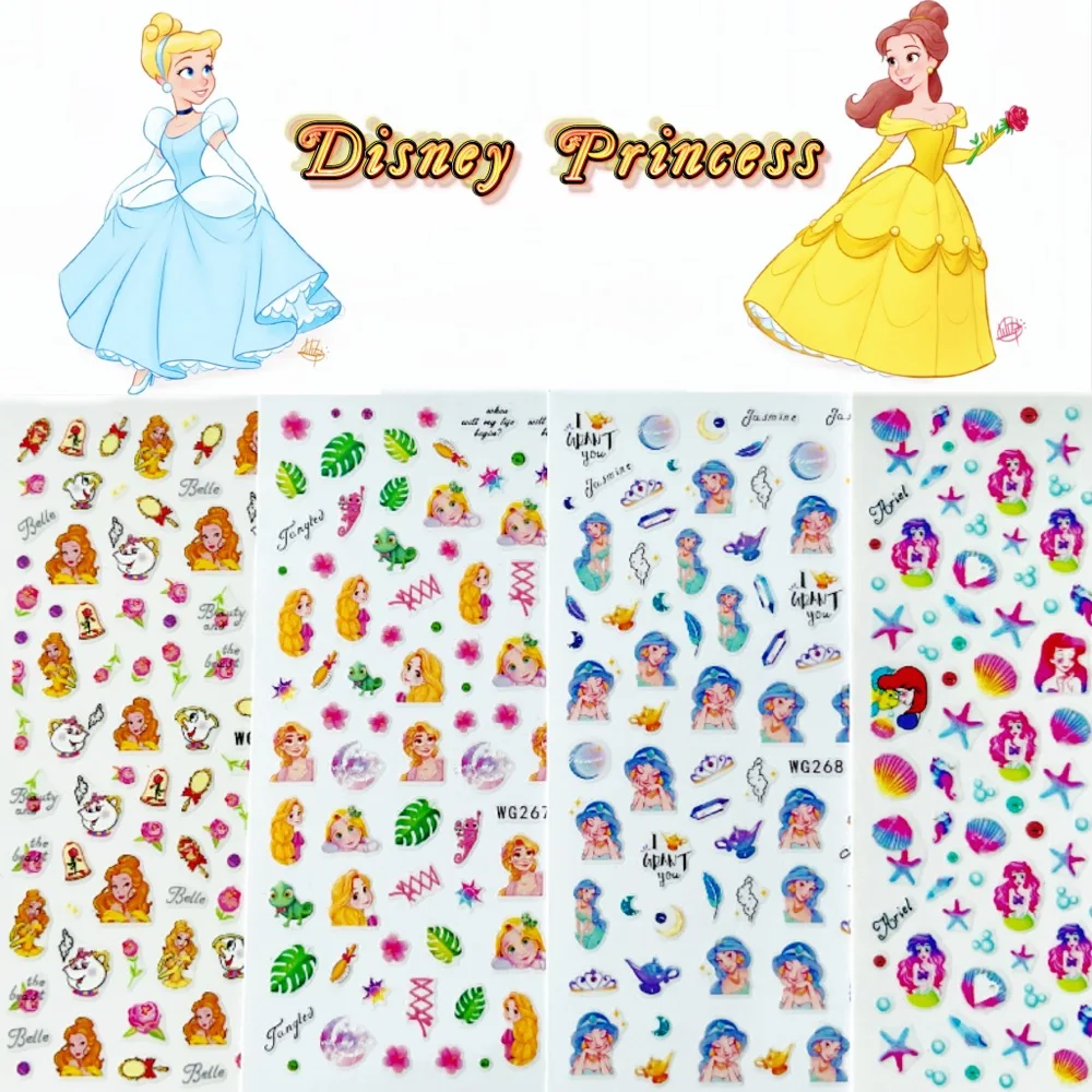 1 feuille d'autocollants à ongles pour enfants, disney, raiponce, poivre, princesse, sirène, colle, dos adhésif, décalcomanie