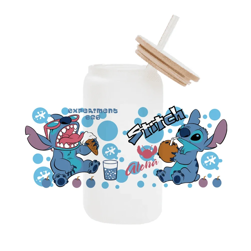 Disney cartoon Stitch  For Libbey 16oz Can Glass 3D Waterproof UV DTF Coffee Can Wrap Libbey Glass Wrap