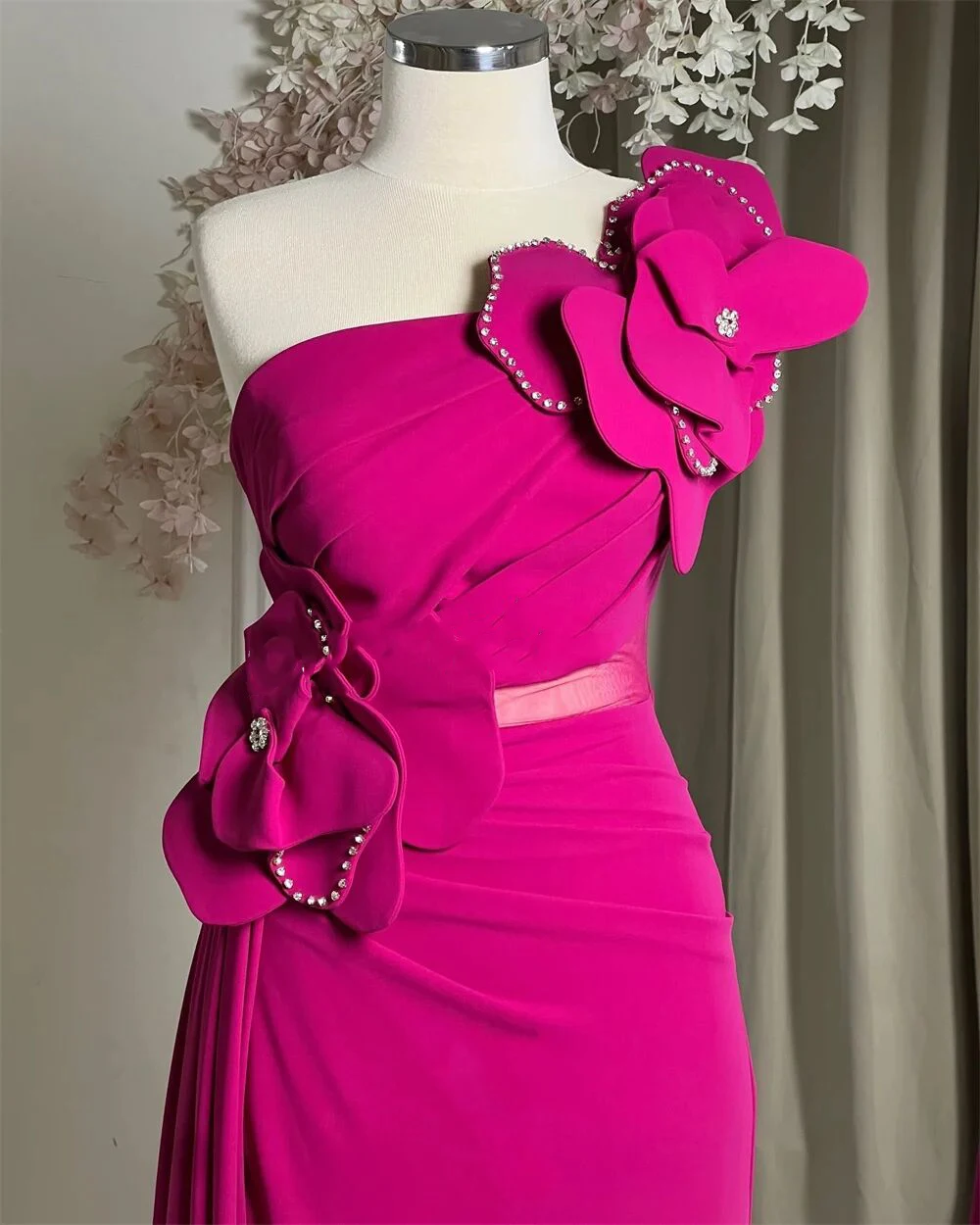 Customized High Quality Jersey A-Line Crystal 3D Flowers Evening Dress Temperament One Shoulder Strapless Occasion Gowns