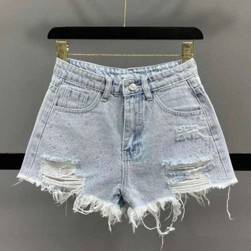 Rasgado com strass shorts jeans femininos xl tendência 2025 streetwear elegante novo em barato baixo preço feminino calças jeans curtas
