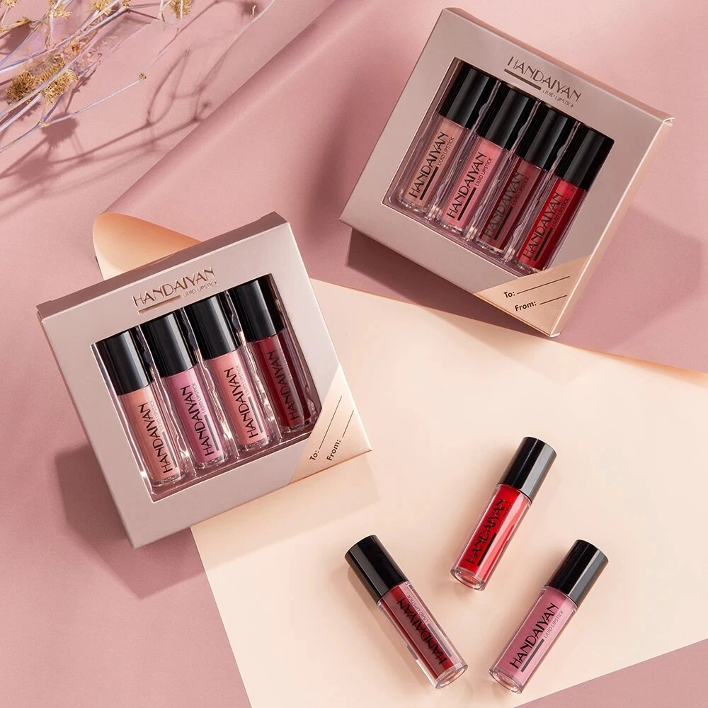 4 ชิ้น Lip Gloss Collection แต่งหน้าชุด Matte Mirror Liquid ลิปสติกชุดยาวนานกันน้ําผู้หญิง Lips แต่งหน้าเครื่องสําอาง