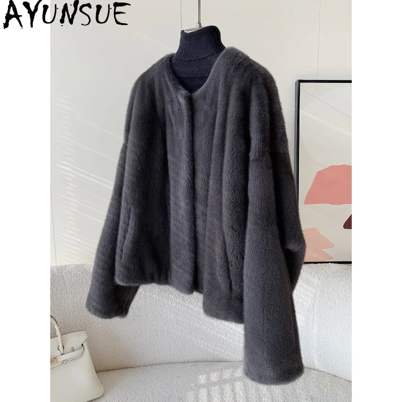 AYUNSUE Purple Label Velvet Whole Mink Fur Coat Woman Short Stylish Outerwears Warm Fur Jacket Long Sleeve Tops for Woman Шуба