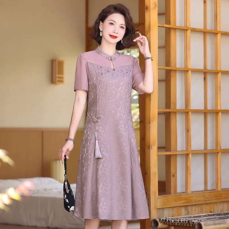 

Chinese Style Female Floral Silk Midi Dres Spring Summer Elegant Waist Dress Vintage Casual Party Dresses